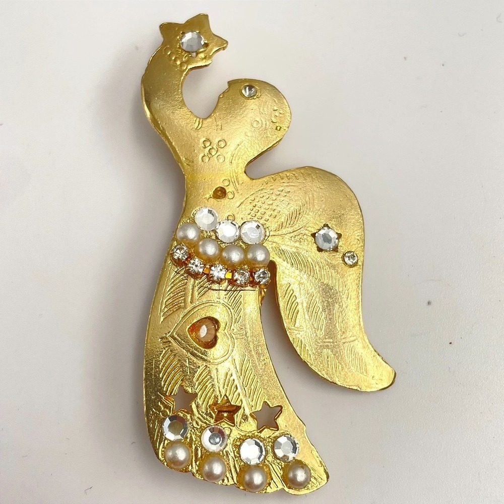 Vintage 90s Gold Tone Angel Brooch Pin Faux Pearl Rhinestone Fashion Jewelry Y2K